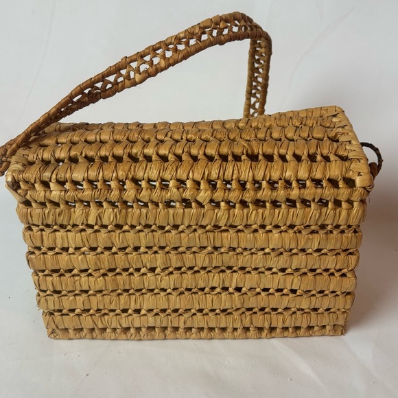 Vintage Woven Straw Box Bag Purse Handbag Natural Wicker - Picture 2 of 11